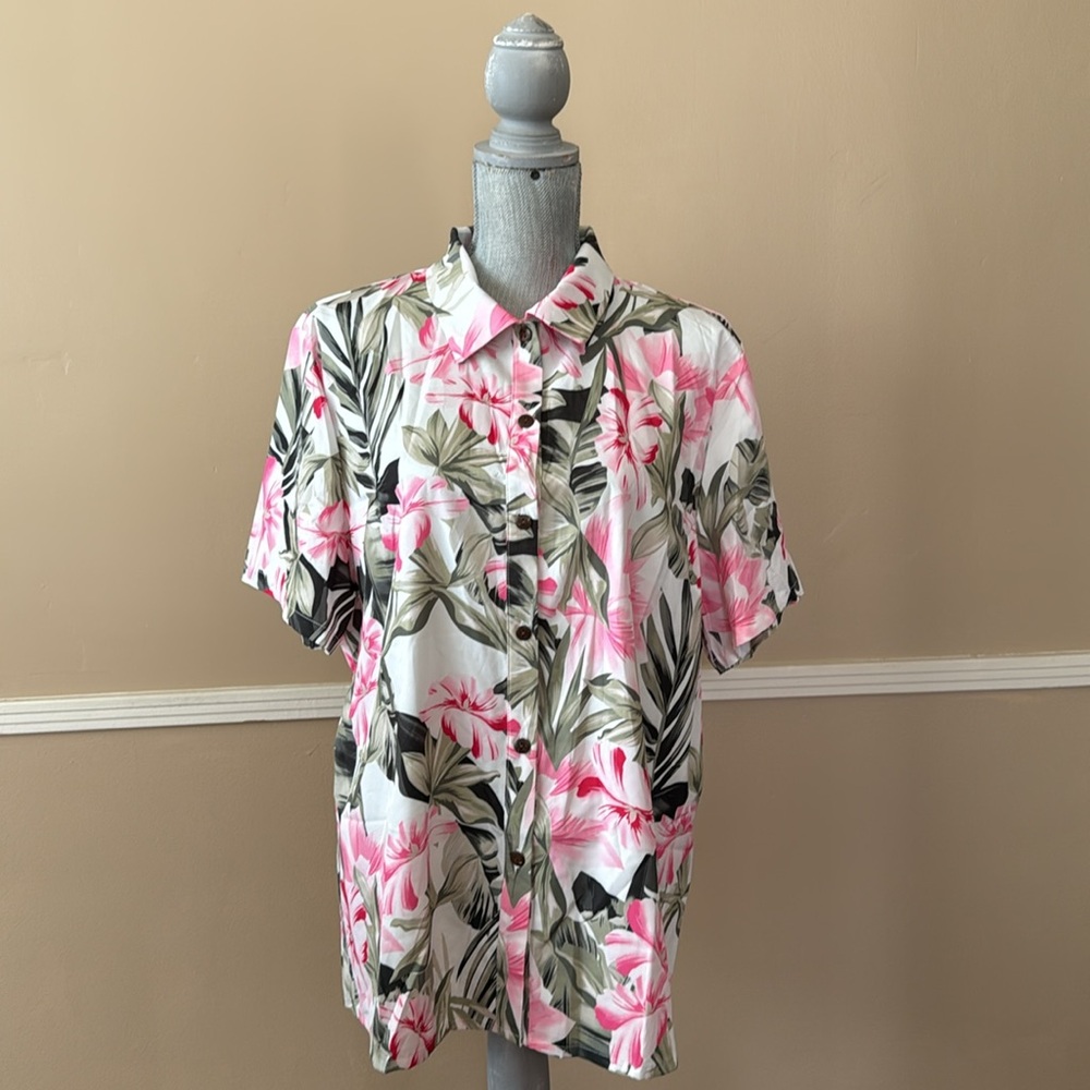 SUMMER FLORAL 🩷PINK AND GREEN💚 BUTTON-UP BLOUSE SIZE EXTRA LARGE 🌟NWOT🌟
